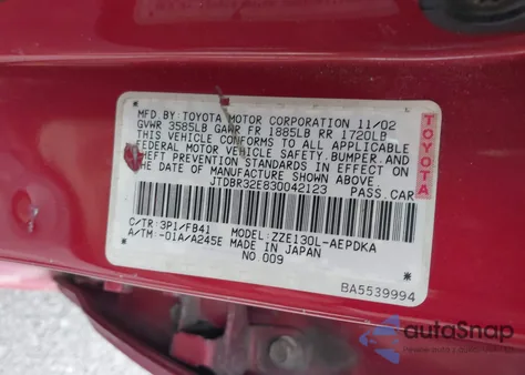 2003 Toyota Corolla Ce из США, поврежденный, VIN JTDBR32E830042123